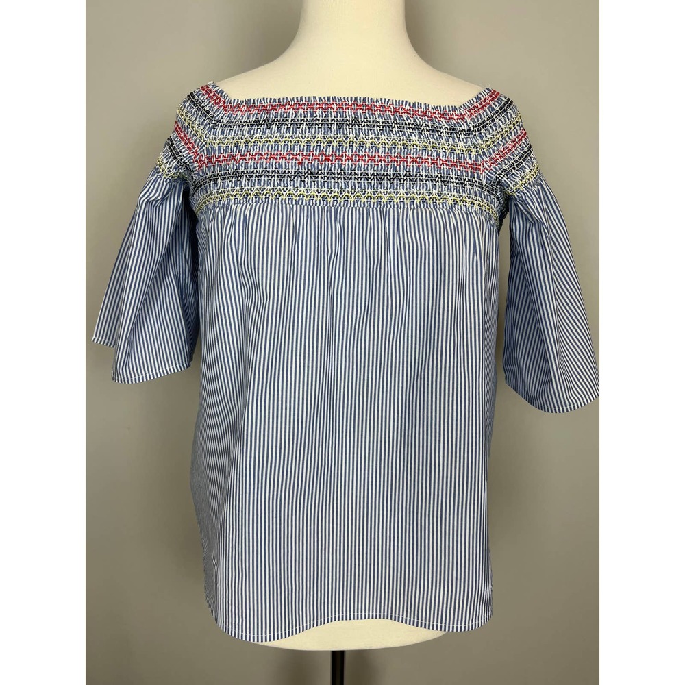 Blue and White Striped Off the Shoulder top with Smocking